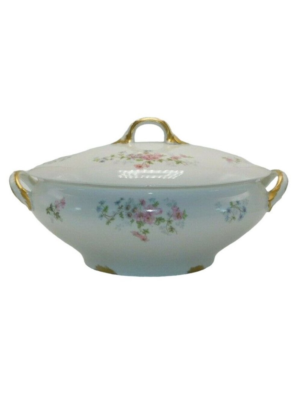 P.L. Limoges France Covered Tureen Pink Blue Floral Green Accent Gilded Details
